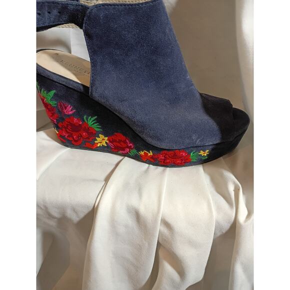 Kenneth Cole Blue Suede Wedge Shoes Open Toe Floral Embroidery Sz 8 Boho... - Picture 6 of 11